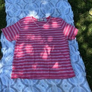 All Points by Reference Point Pink & White Striped Short Sleeves V-Neck Tee XL